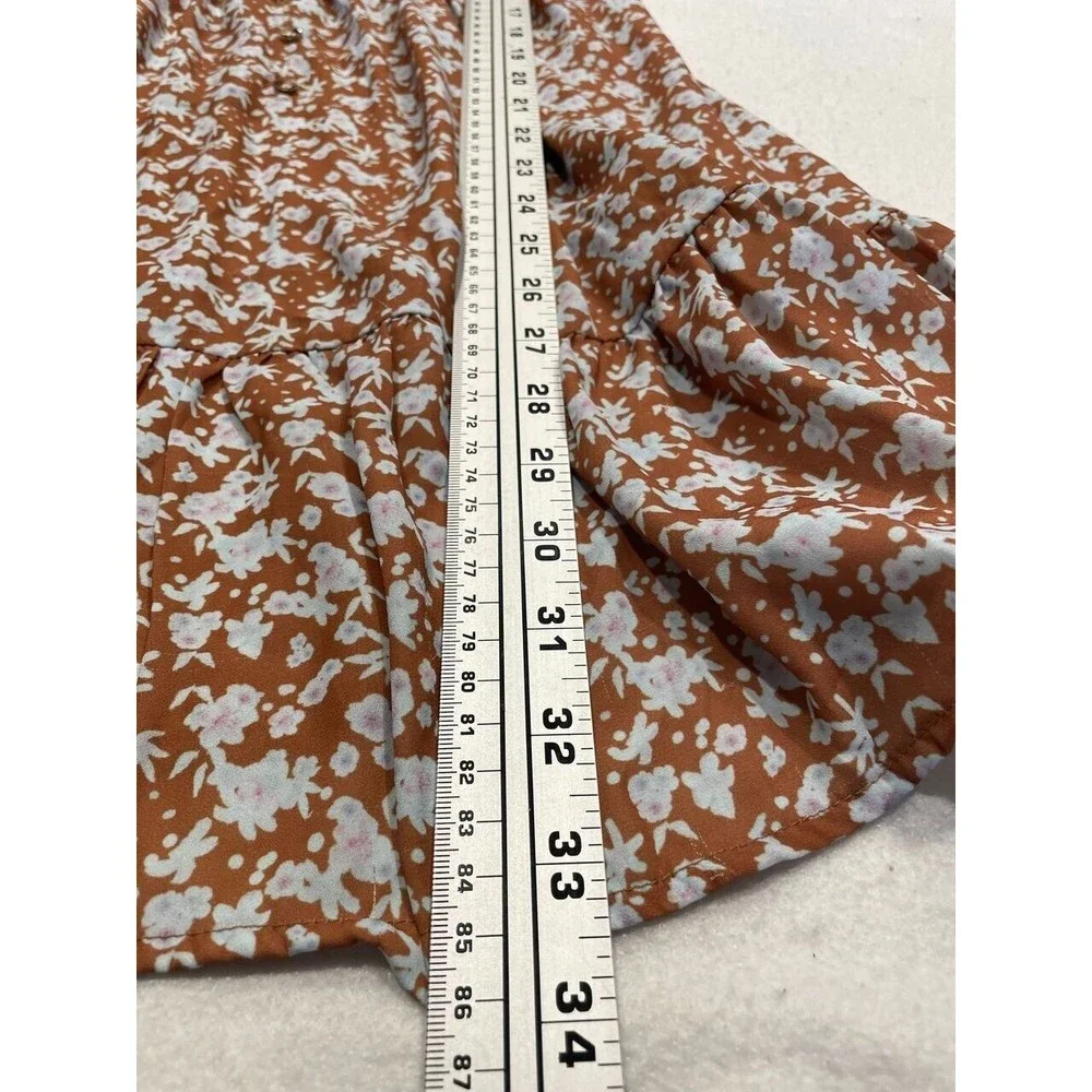 Floral V-Neck Mini Dress Khaki Brown Flutter Sleeve Elastic Waist‎ PY0015 OS